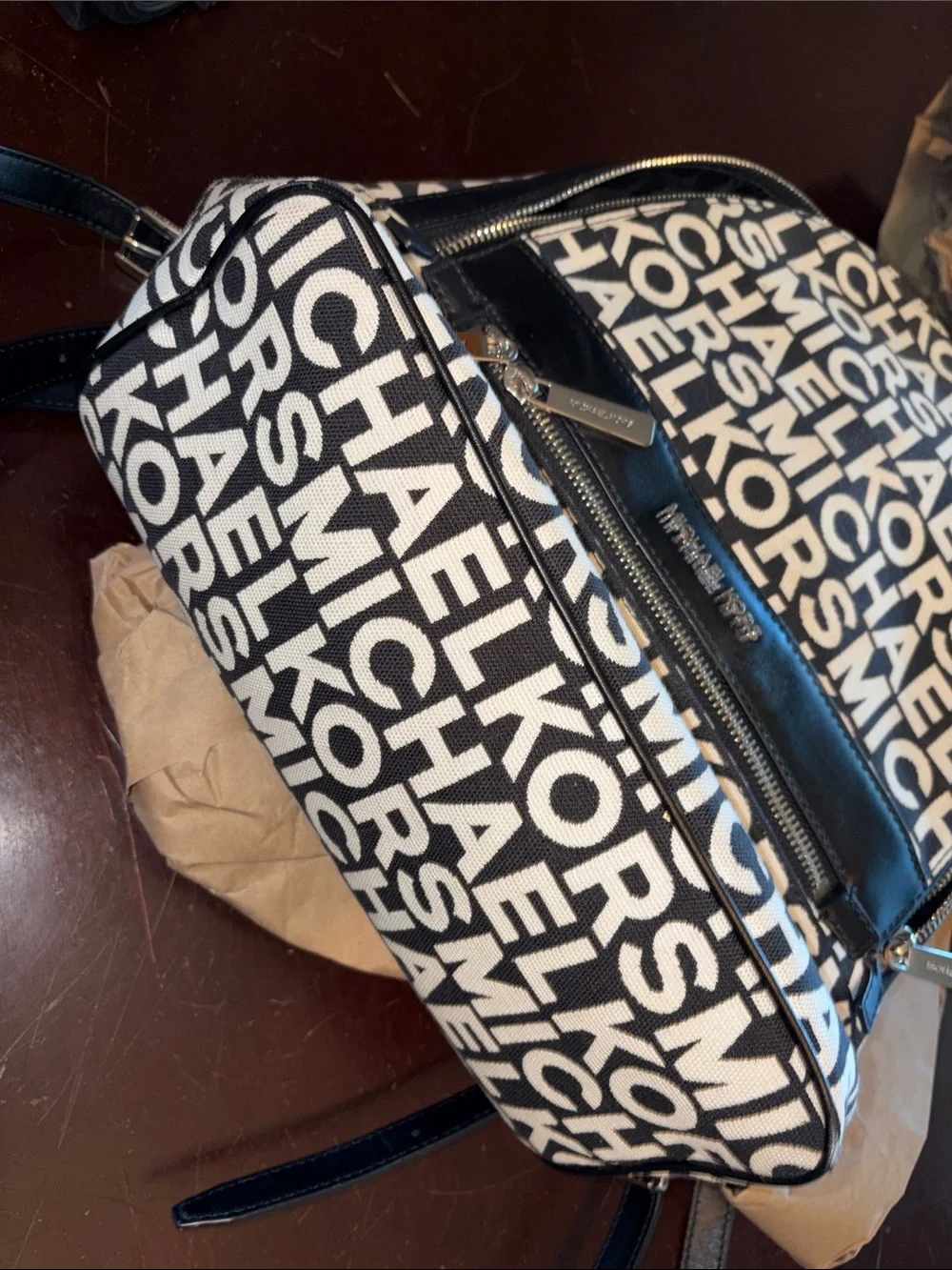 MICHAEL KORS Black & White Logo Print Backpack